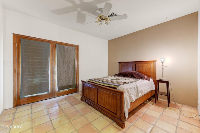 bedroom featuring access to exterior, visible vents, french doors, and ceiling fan