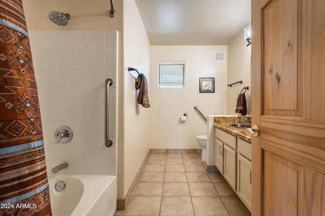 full bathroom with toilet, vanity, shower / bathtub combination, and tile patterned floors