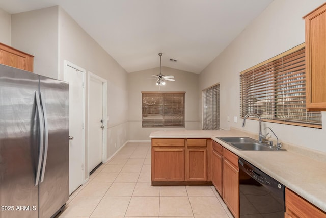 9243 W Brown St, Peoria, AZ 85345 - kitchen featuring freestanding refrigerator, black dishwasher, a sink, lofted ceiling, and ceiling fan