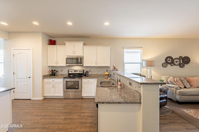 kitchen with dark wood-style flooring, a peninsula, stainless steel appliances, and a sink