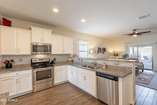 kitchen with tasteful backsplash, appliances with stainless steel finishes, a peninsula, and dark wood-style flooring