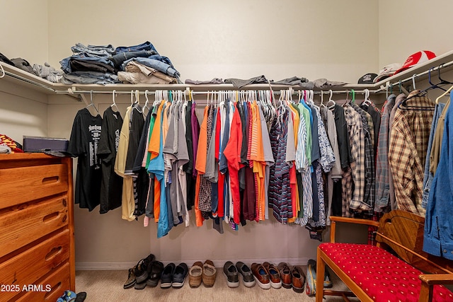 walk in closet with carpet flooring