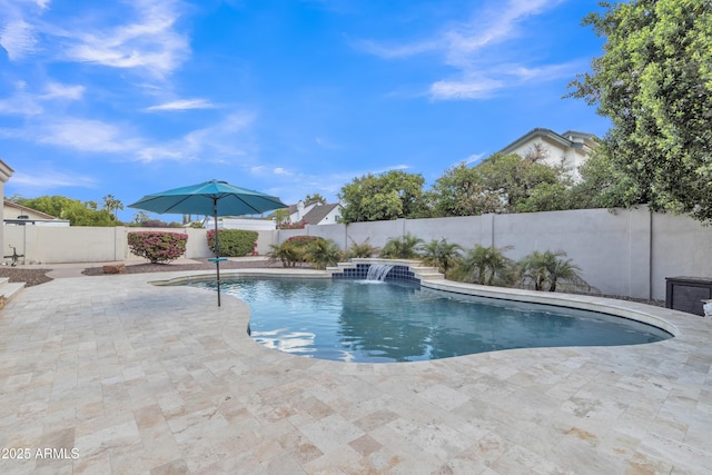 view of pool featuring a fenced in pool, a fenced backyard, and a patio area
