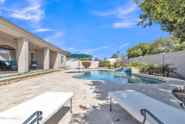 view of swimming pool featuring a fenced backyard, a fenced in pool, a patio, and an outdoor living space