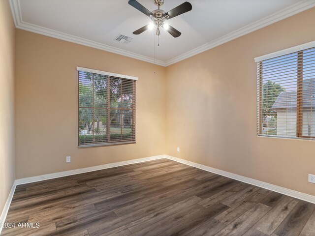 spare room featuring ceiling fan, crown molding, and hardwood / wood-style floors