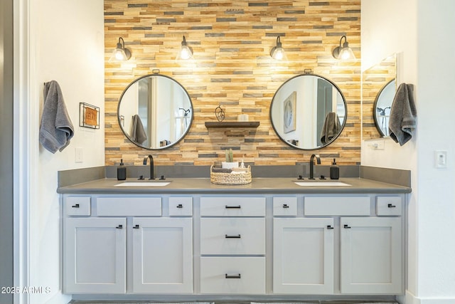 bathroom with backsplash, wood walls, and vanity