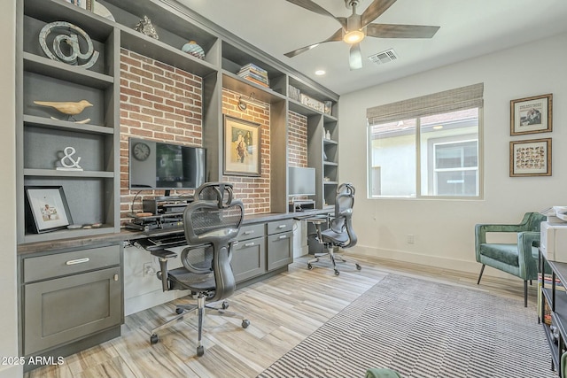 office featuring ceiling fan, light hardwood / wood-style flooring, and built in shelves