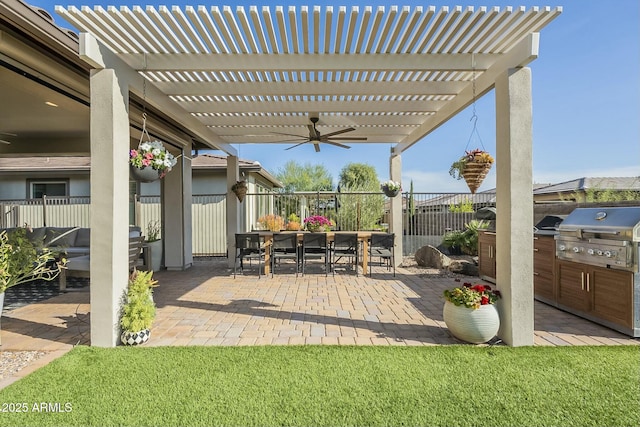 view of patio / terrace featuring ceiling fan, a grill, and a pergola