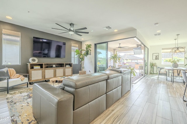 living room featuring ceiling fan