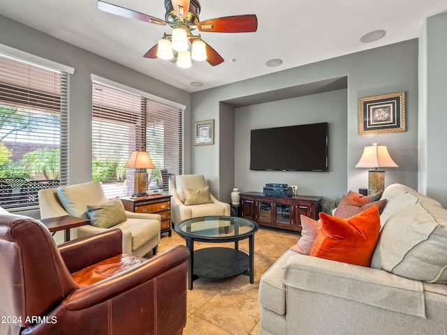 living room with ceiling fan