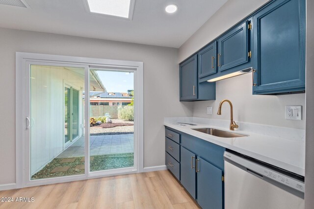 kitchen with dishwasher, light countertops, blue cabinetry, and a sink