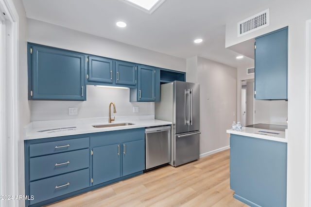 kitchen featuring appliances with stainless steel finishes, a sink, visible vents, and blue cabinets