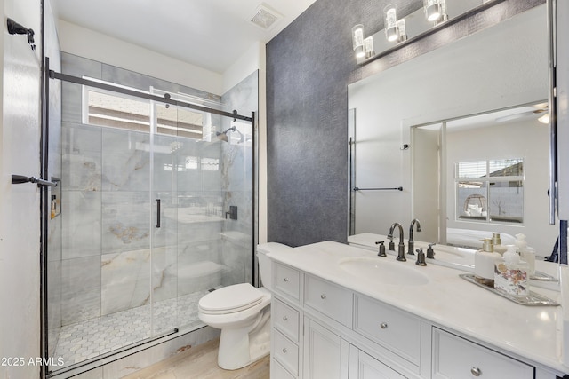 bathroom featuring vanity, a wealth of natural light, and a shower with door