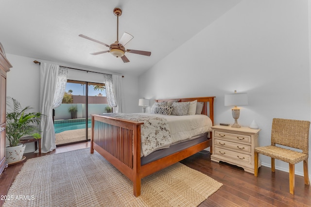 bedroom with ceiling fan, access to outside, lofted ceiling, baseboards, and wood finished floors