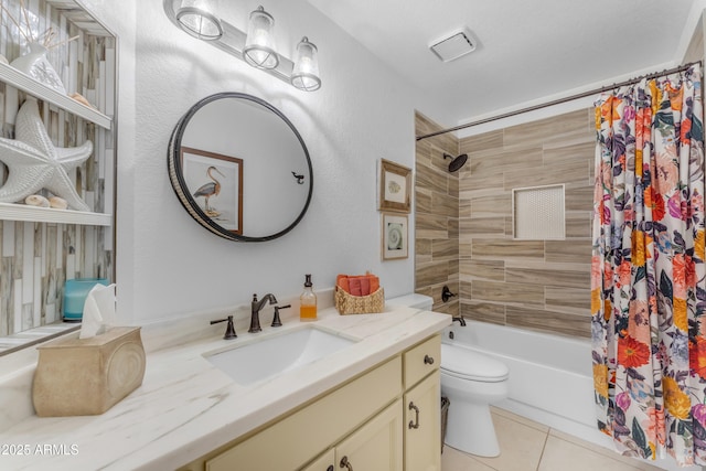 bathroom with shower / tub combo with curtain, toilet, tile patterned flooring, and vanity