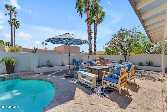 view of pool featuring a fenced in pool, a patio, and a fenced backyard