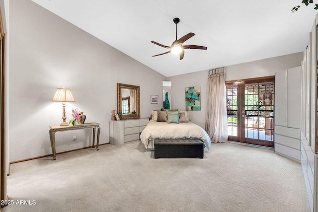 carpeted bedroom with high vaulted ceiling, baseboards, a ceiling fan, and access to outside