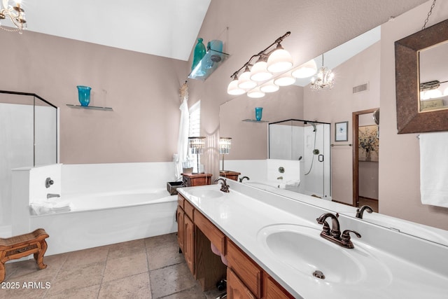 full bath featuring a bath, visible vents, a stall shower, and a sink