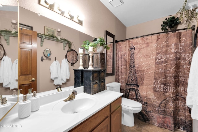 full bathroom featuring visible vents, toilet, curtained shower, tile patterned flooring, and vanity