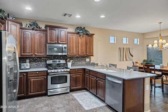 kitchen with stainless steel appliances, decorative light fixtures, kitchen peninsula, and sink