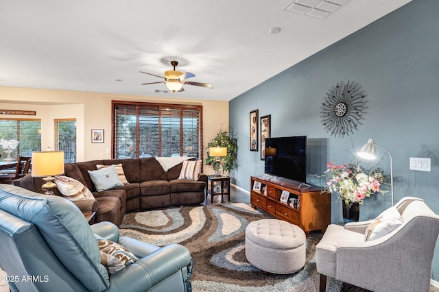 living room with ceiling fan