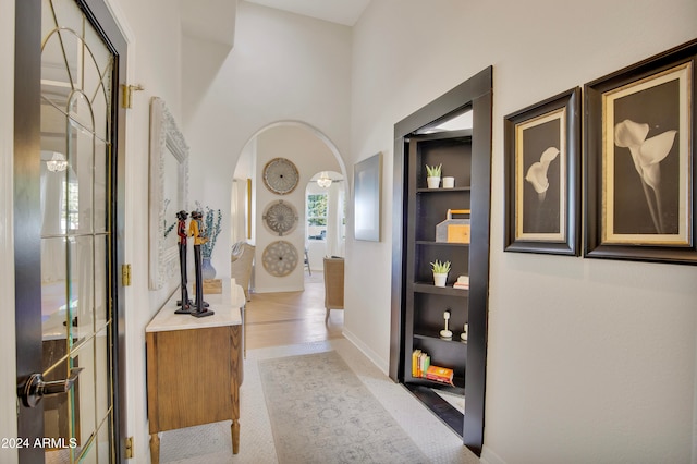 corridor with light colored carpet and built in shelves