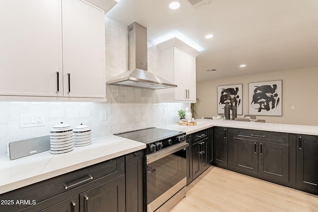 kitchen featuring light stone counters, decorative backsplash, electric range oven, white cabinets, and wall chimney range hood