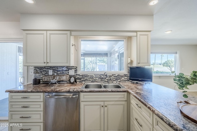 kitchen featuring tasteful backsplash, white cabinetry, dishwasher, and a sink