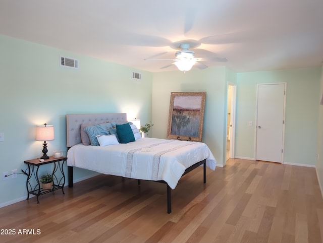 bedroom featuring light wood-style floors, baseboards, and visible vents