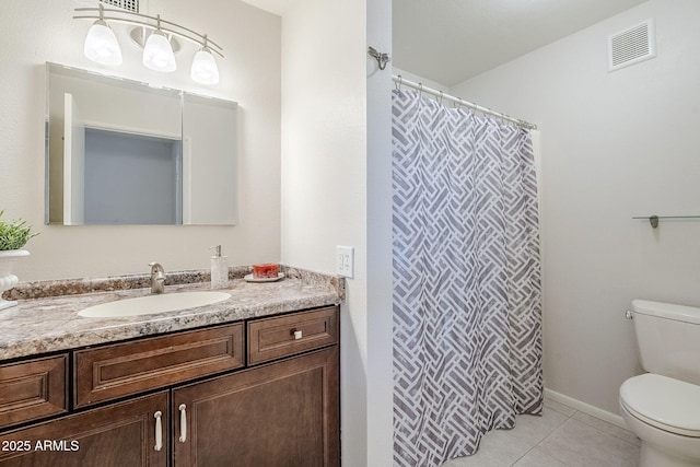 full bath with visible vents, a shower with shower curtain, toilet, vanity, and tile patterned floors