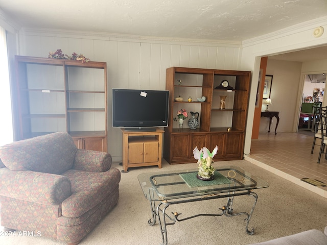 living room featuring crown molding