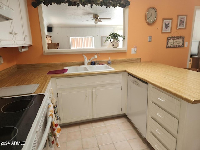 kitchen featuring ceiling fan, white appliances, kitchen peninsula, and sink