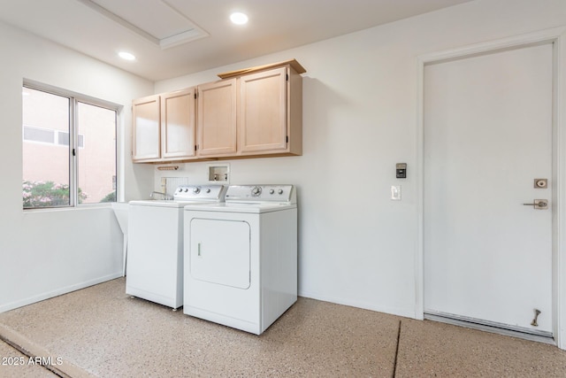 clothes washing area featuring cabinet space, recessed lighting, baseboards, and washing machine and clothes dryer