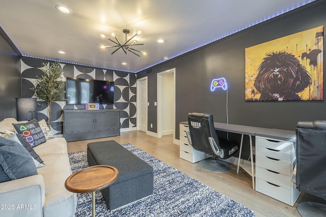 office area featuring visible vents, wood finished floors, recessed lighting, an inviting chandelier, and baseboards