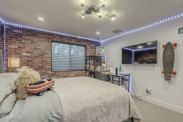 bedroom featuring baseboards, visible vents, brick wall, recessed lighting, and carpet flooring