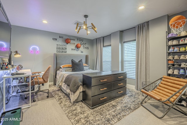 bedroom with recessed lighting and baseboards