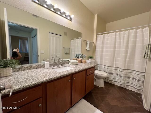 bathroom with vanity, toilet, and parquet floors