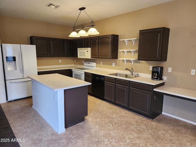 kitchen featuring sink, a center island, pendant lighting, white appliances, and light tile patterned flooring