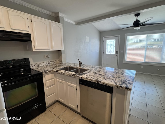 2301 E University Dr Unit 269, Mesa, AZ 85213 - kitchen with black range with electric cooktop, stainless steel dishwasher, exhaust hood, a peninsula, and light tile patterned flooring