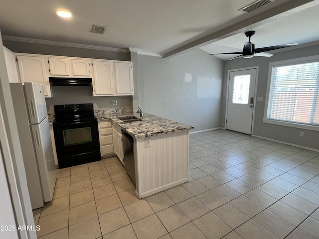 2301 E University Dr Unit 269, Mesa, AZ 85213 - kitchen featuring black / electric stove, freestanding refrigerator, a peninsula, light tile patterned flooring, and crown molding