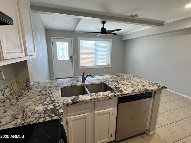 2301 E University Dr Unit 269, Mesa, AZ 85213 - kitchen featuring stainless steel dishwasher, ceiling fan, light stone countertops, white cabinets, and a peninsula