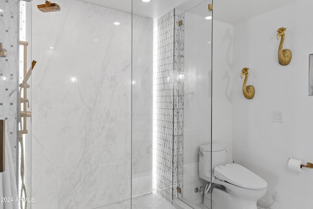 bathroom with an enclosed shower, toilet, and tile floors