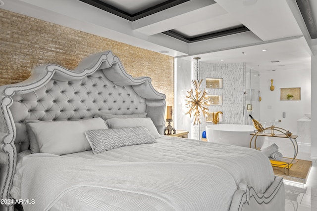 bedroom with brick wall and light tile floors