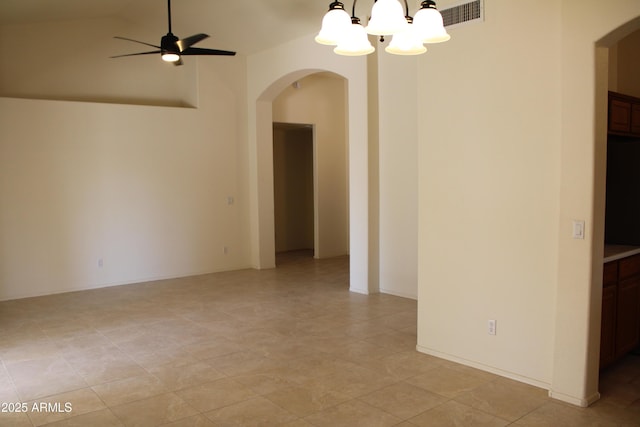 14543 W Bison Path, Surprise, AZ 85374 - unfurnished room with arched walkways, a chandelier, ceiling fan, and high vaulted ceiling