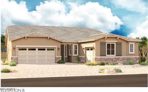 20256 W Monterey Way, Buckeye, AZ 85396 - single story home with a garage, stone siding, stucco siding, and driveway