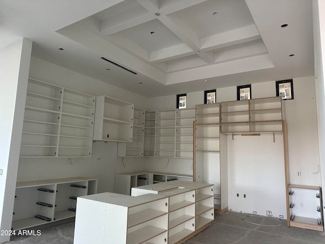 kitchen featuring open shelves, beam ceiling, and coffered ceiling