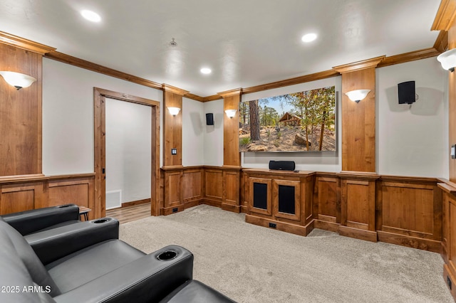 7500 E Old Walnut Canyon Rd, Flagstaff, AZ 86004 - cinema room with visible vents, crown molding, recessed lighting, light carpet, and wainscoting