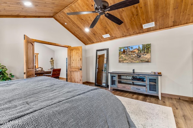 7500 E Old Walnut Canyon Rd, Flagstaff, AZ 86004 - bedroom with lofted ceiling, wooden ceiling, baseboards, hardwood / wood-style flooring, and visible vents