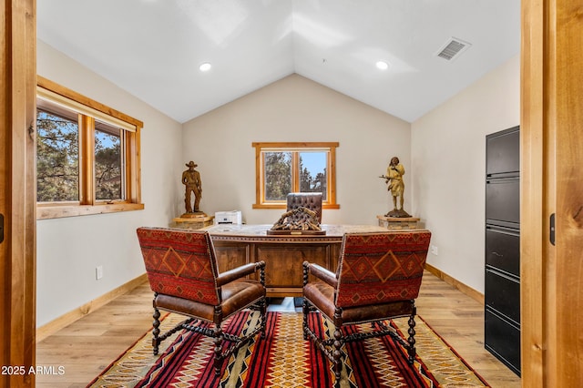7500 E Old Walnut Canyon Rd, Flagstaff, AZ 86004 - office area featuring light wood finished floors, baseboards, visible vents, and vaulted ceiling