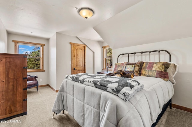 7500 E Old Walnut Canyon Rd, Flagstaff, AZ 86004 - bedroom featuring baseboards, lofted ceiling, and light carpet